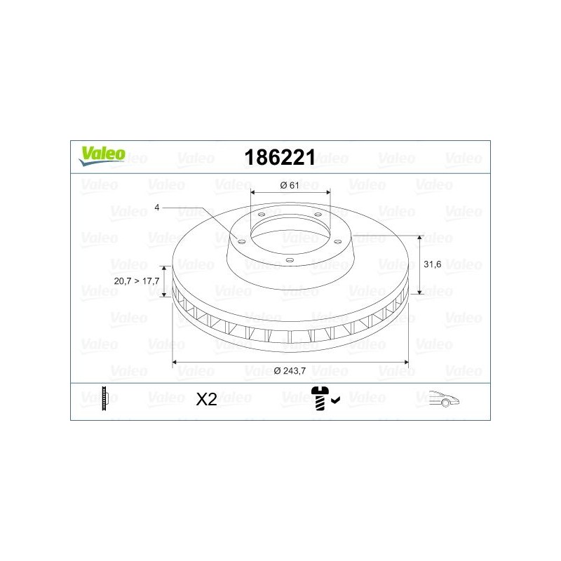 VALEO 186221 Disco de freno Eje delantero