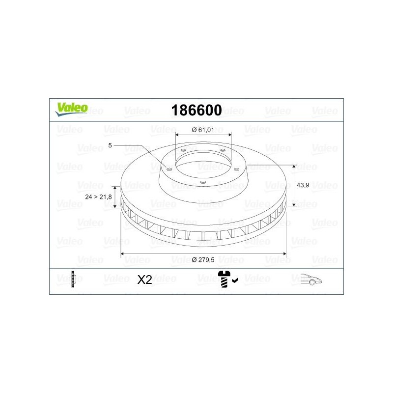 VALEO 186600 Disco de freno Eje delantero