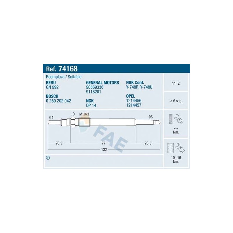FAE 74168 Bujía de precalentamiento