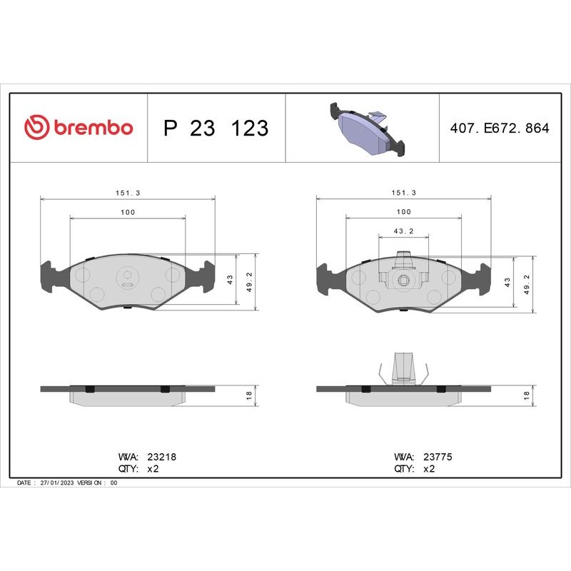 BREMBO P 23 123 Juego de pastillas de freno