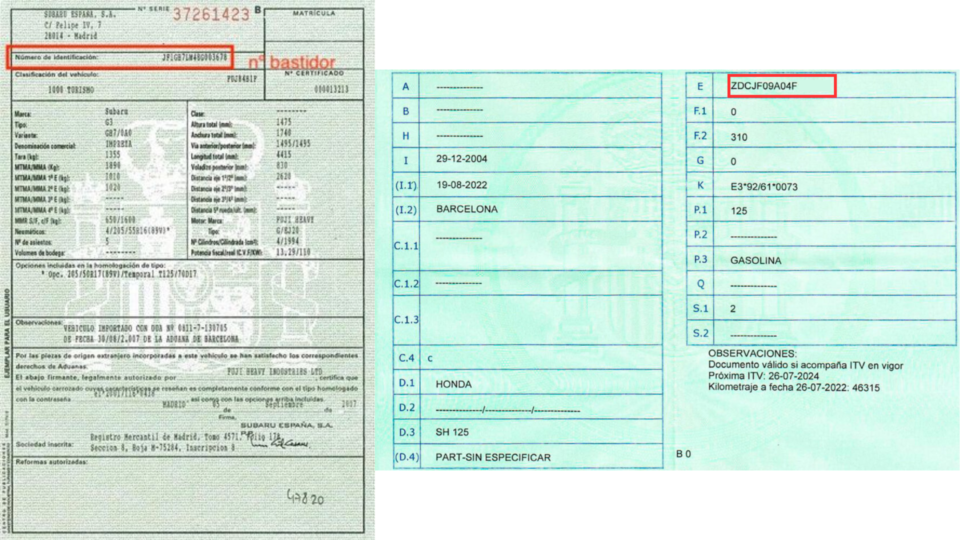 Permisos de circulación con el número de bastidor (VIN) señalado en rojo.